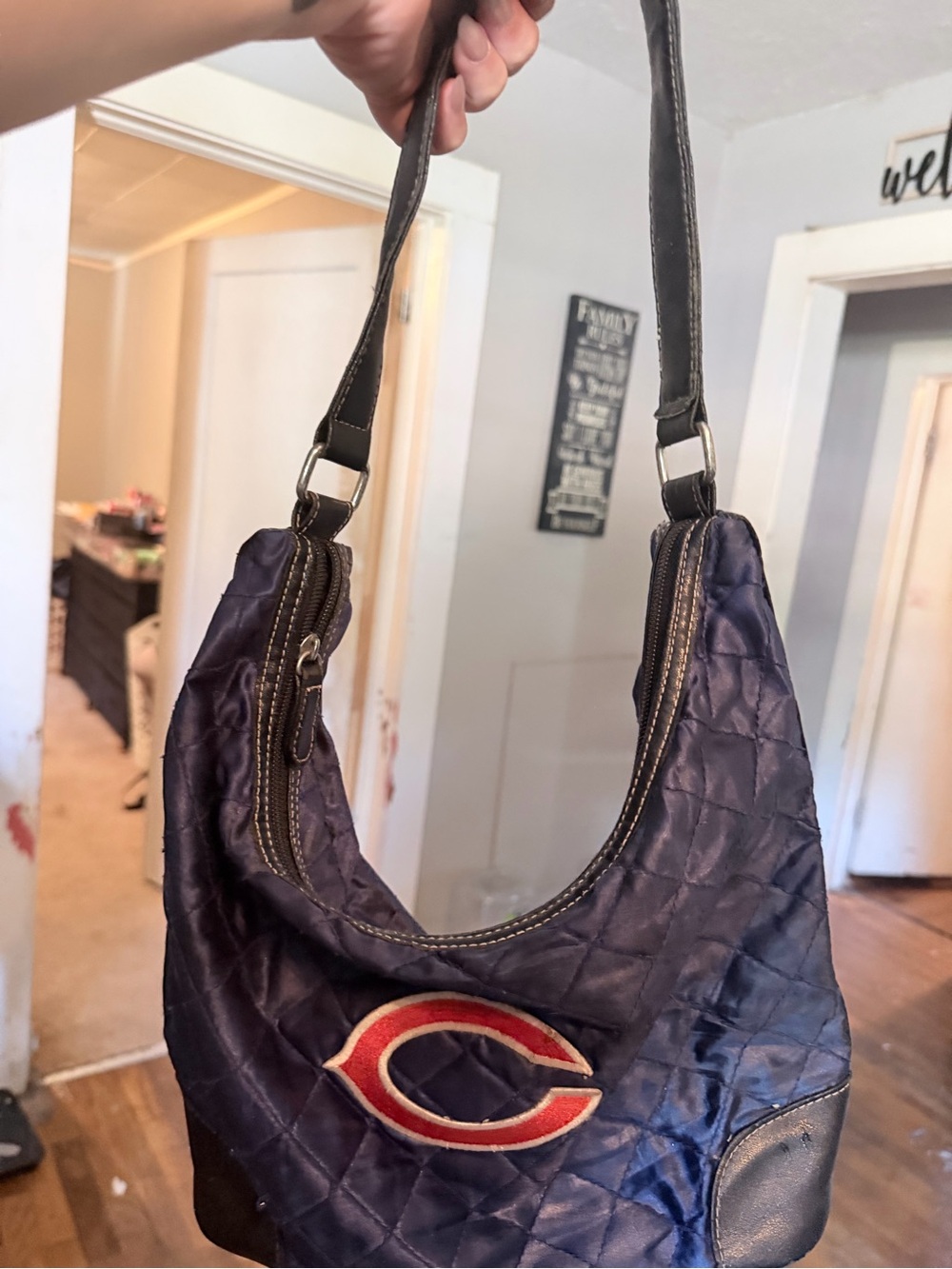 Quilted Navy Blue Shoulder Bag with Red Accent - Women's Bag